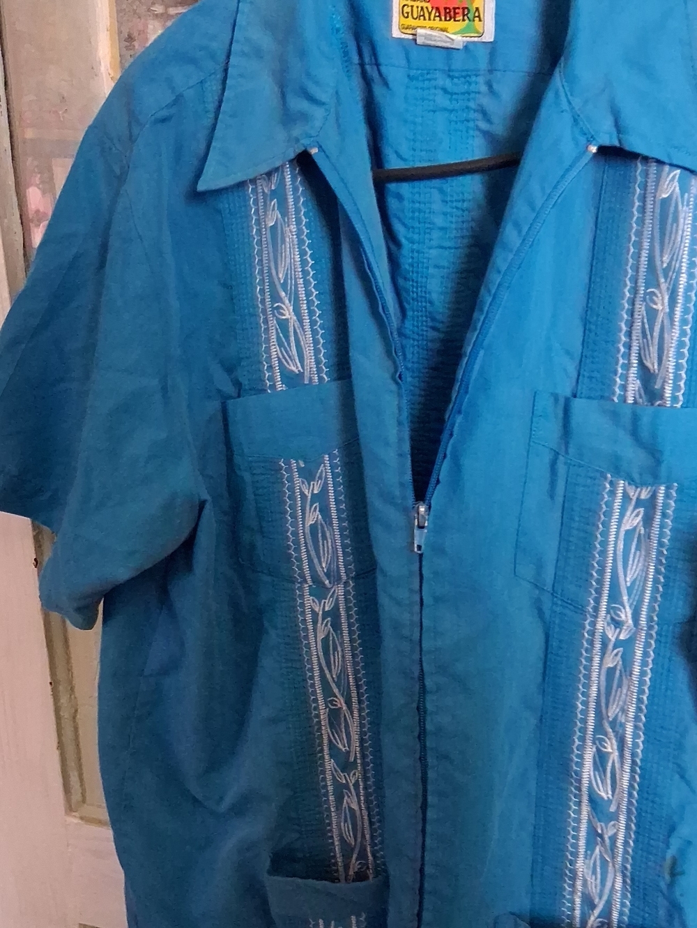 Men's Short-Sleeve Embroidered Shirt - Teal Blue